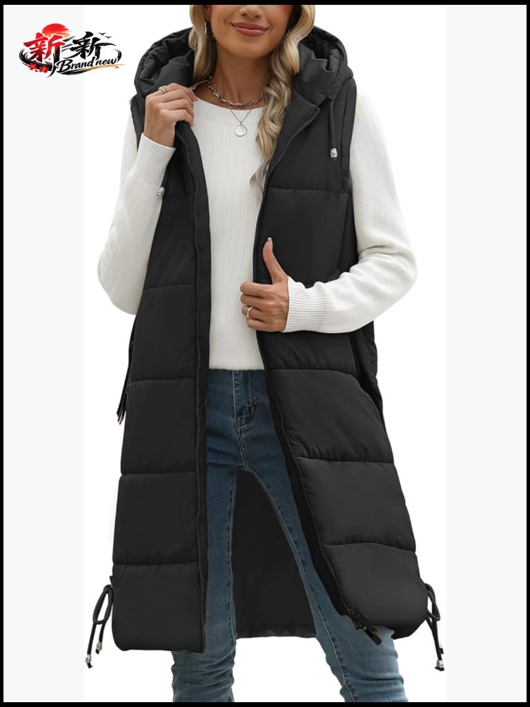 Women's Long Hooded Puffer Vest Sleeveless Full-Zip Winter Outerwear